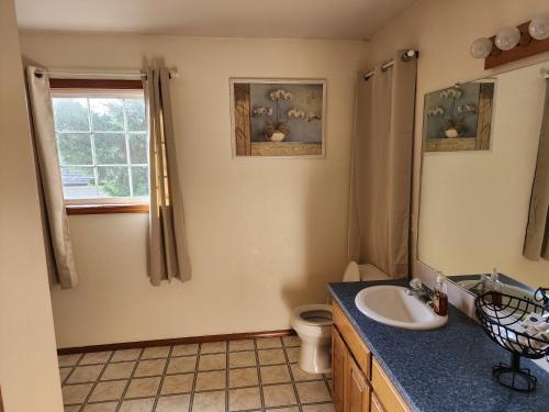 ein Bad mit einem Waschbecken, einem WC und einem Fenster in der Unterkunft A Wine Country Home in Yamhill County 