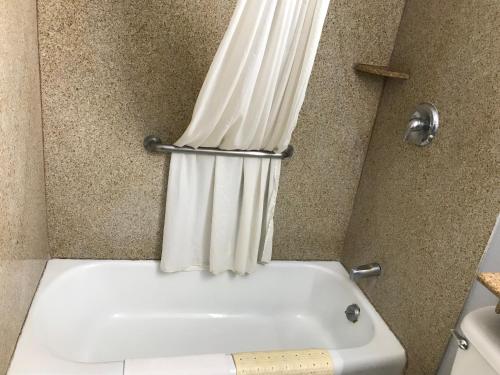 a bath tub with a shower curtain in a bathroom at Budget Inn Plainview in Plainview