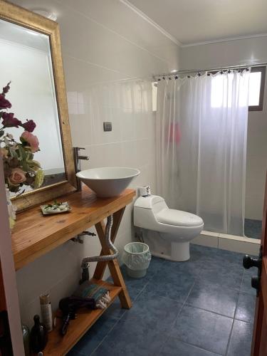 een badkamer met een wastafel, een toilet en een spiegel bij Casapangue in Casablanca