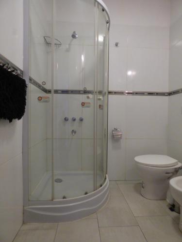 a bathroom with a shower and a toilet at 9 ¾ Apartamentos VIP in La Falda
