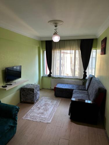 a living room with a couch and a tv at Uraz Apart in Bursa