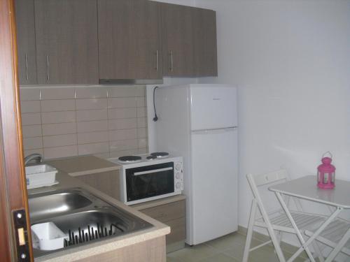 a kitchen with a sink and a white refrigerator at Guesthouse Irene in Afissos