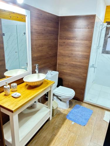 a bathroom with a sink and a toilet at Casa y cabaña vista a las sierras in Villa Giardino