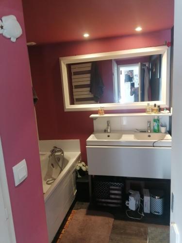 une salle de bain avec un lavabo, un miroir et une baignoire dans l'établissement maison calme avec piscine palmiers 300m de la plage pornichet centre, à Pornichet