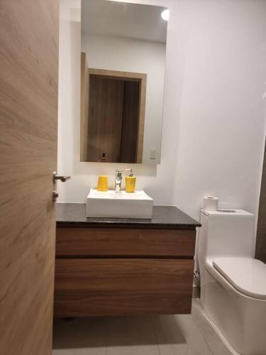 a bathroom with a sink and a toilet and a mirror at Suite Martina 2 Personas Quito in Quito