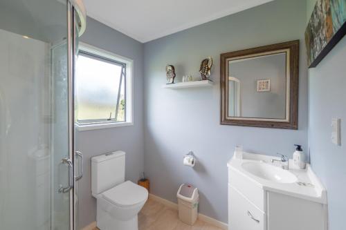 a bathroom with a toilet and a sink and a mirror at Pukeko Nest in Russell