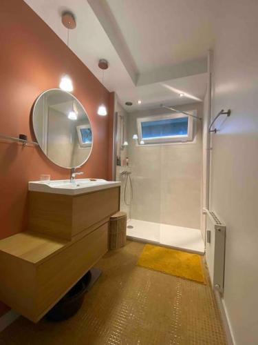 une salle de bain avec un lavabo et une douche avec un miroir dans l'établissement T1 rénové, idéalement situé, à Grenoble