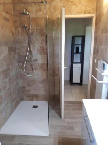 une douche avec une porte vitrée dans une salle de bain dans l'établissement GITES DU MOULIN A VENT, au Buisson de Cadouin