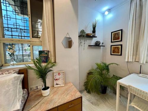 a bedroom with two potted plants in a room at Arora Bhavan Studio 1A, Khar West by Connekt Homes in Mumbai