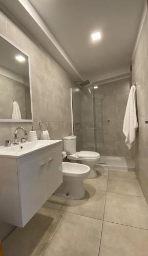 une salle de bain avec un lavabo, des toilettes et un miroir dans l'établissement Casa Mate, à Salta