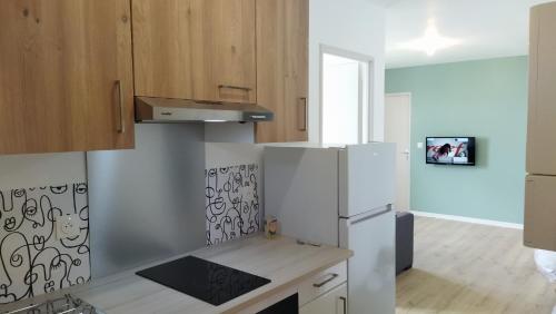La cuisine est équipée d'un réfrigérateur blanc et de placards en bois. dans l'établissement Logements 18 Moliere Futuroscope Poitiers, à Chasseneuil-du-Poitou