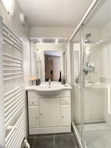 une salle de bain blanche avec un lavabo et une douche dans l'établissement Grande Maison Cosy Terrasse Parking Gare 8 Pers, à Amiens