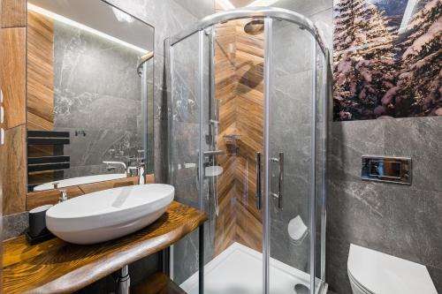 W łazience znajduje się umywalka i prysznic. w obiekcie Willa Rzoz w Bukowinie Tatrzańskiej