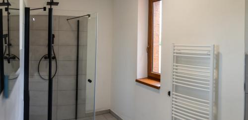 a bathroom with a glass shower stall and a window at Penzion Kamence in Liptovský Mikuláš
