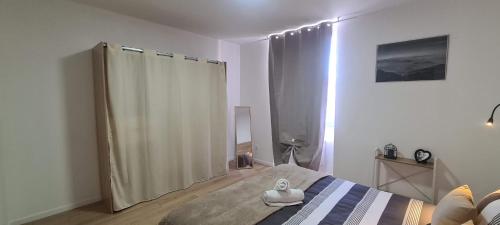 a bedroom with a bed and a shower at La Campagne à la ville dans pavillon avec jardin Clos et privatif in Héricourt
