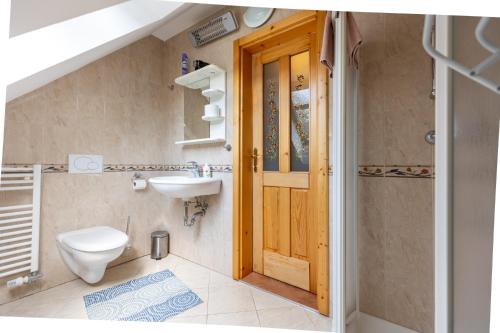 un baño con inodoro y lavabo en Apartments Omahen, en Bohinj