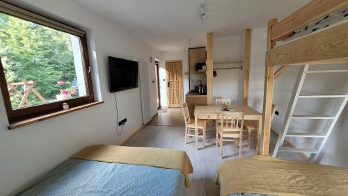 a bedroom with a bunk bed and a table and chairs at Apartament na Kasztanowej in Piotrowice