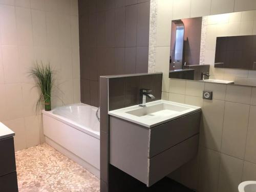 a bathroom with a sink and a bath tub at une maison avec piscine chauffée in Mouguerre