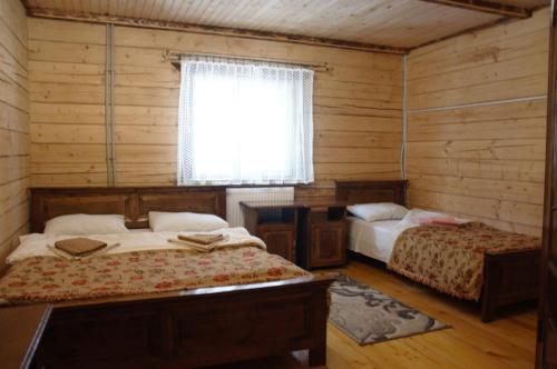 two beds in a room with wooden walls and a window at ДАН in Dragobrat