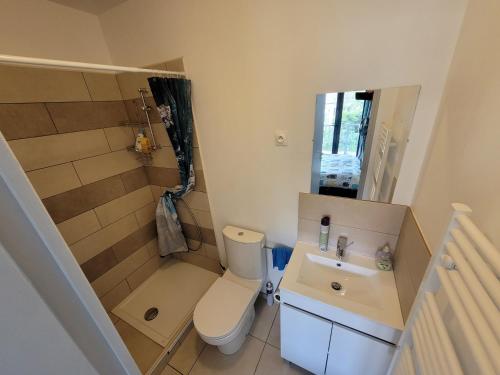 een kleine badkamer met een toilet en een wastafel bij Résidence de la gare, chambre meublée in Longjumeau