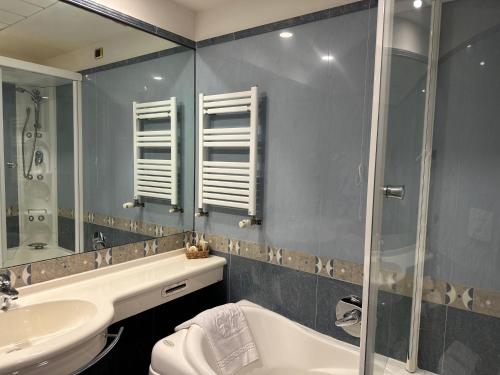 a bathroom with a sink and a toilet and a shower at Gardenia Hotel in Lazzaro