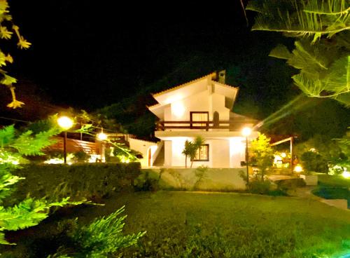 a house at night with lights in a yard at Villa Naya by the Beach in Anavissos