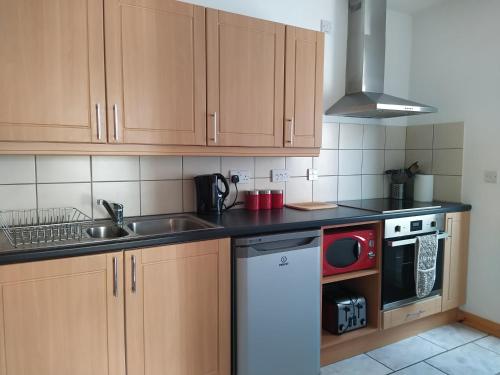 cocina con armarios de madera, fregadero y lavavajillas en Dawlish Holiday Apartment en Dawlish