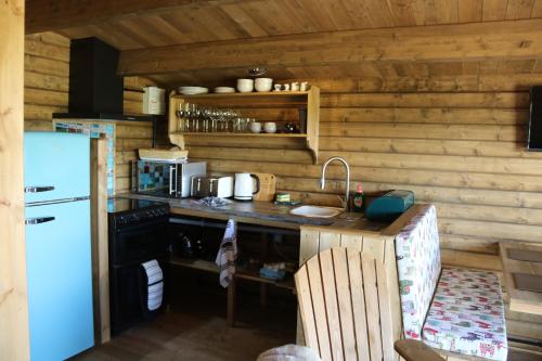 uma cozinha com um balcão e um frigorífico num quarto em Knapp Farm Glamping Lodge 2 em Corscombe