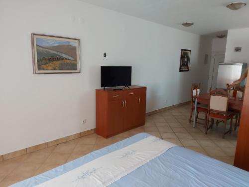 a bedroom with a bed and a flat screen tv at Apartment Vivoda in Štinjan