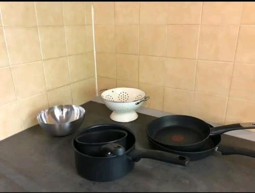 里昂的住宿－Charmant Studio-Lyon 3éme，一个带煎锅和碗的厨房台