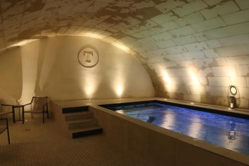 a swimming pool in a building with a tunnel at Les Trésorières in Tours