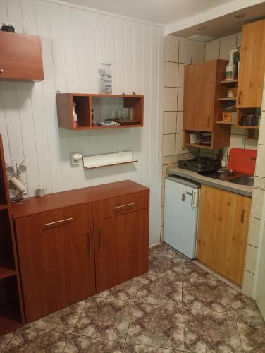 a small kitchen with wooden cabinets and a refrigerator at Domek Letniskowy nad zaporą Rożnowską in Rożnów