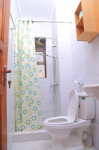 a bathroom with a toilet and a shower at The Junction Apartments in Mbarara