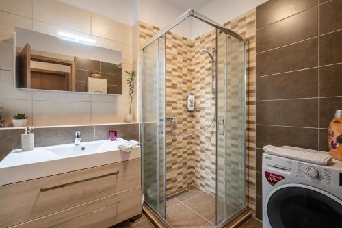 y baño con ducha, lavabo y lavadora. en Russet Lodge Apartment, en Budapest
