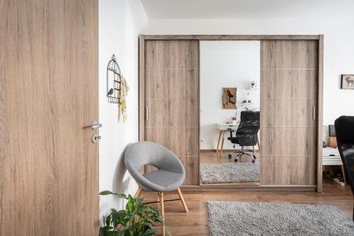 sala de estar con espejo y silla en Russet Lodge Apartment, en Budapest