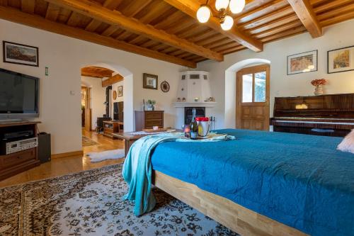 Un dormitorio grande con una cama azul y un piano en Villa Amalia, centrum Banska Stiavnica, parkovanie pre 2 auta, velka zahrada s krbom, cela Villa Amalia pre 16 osob alebo samostatne nezavisle prve podlazie Villa AMA pre 8 osob alebo samostatne nezavisle podkrovie Villa LIA pre 8 osob,prístup cez PIN-kód, en Banská Štiavnica
