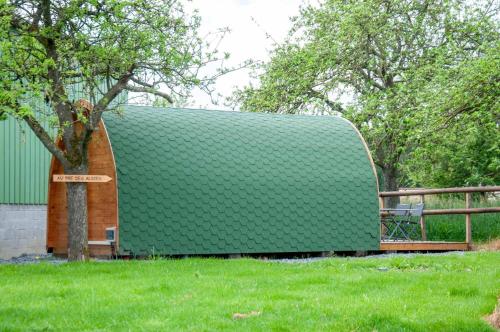 un edificio verde con un árbol en un campo en Au pré des Alizés - insolite à la ferme des Alizés, en Vallon-sur-Gée