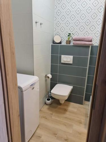 a small bathroom with a toilet and a sink at Waterfront City River view in Budapest