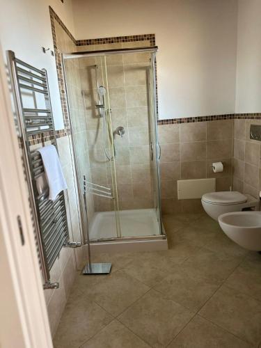 a bathroom with a shower and a toilet and a sink at Le terrazze di Rosa in Polignano a Mare