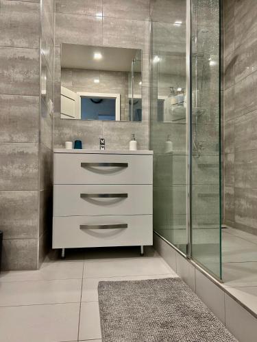 een badkamer met een wastafel en een glazen douche bij 1 Bedroom Apartment w/Balcony in Rožňava