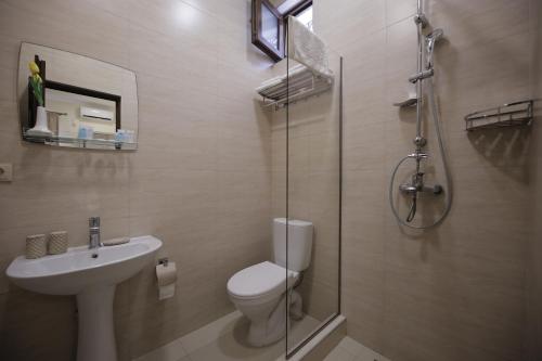 La salle de bains est pourvue de toilettes, d'un lavabo et d'une douche. dans l'établissement Oxygen Hotel, à Shekvetili