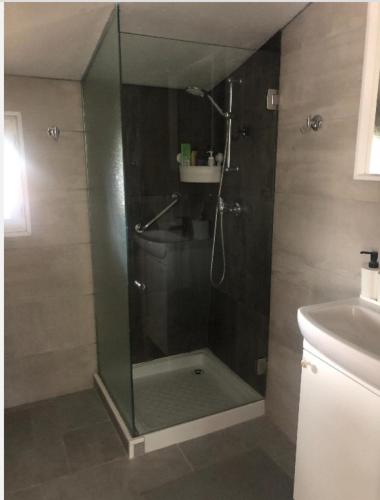 une douche avec une porte vitrée dans une salle de bain dans l'établissement Un Studio dans un endroit tranquille, à Roquefort-les-Pins