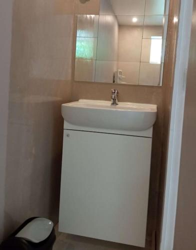 une salle de bain avec un lavabo blanc et un miroir dans l'établissement Le Fournil de Payré, à Payré-sur-Vendée