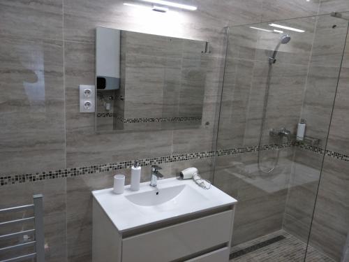 a bathroom with a sink and a shower with a mirror at Tower Apartman Kőszeg in Kőszeg