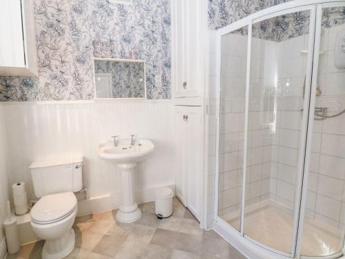 a bathroom with a toilet and a shower and a sink at Knoll Cottage in Bakewell