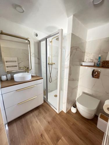 a bathroom with a shower and a toilet and a sink at La Séverino - SPA - Les Issambres - Meublé de tourisme 3 étoiles in La Garonnette-Plage