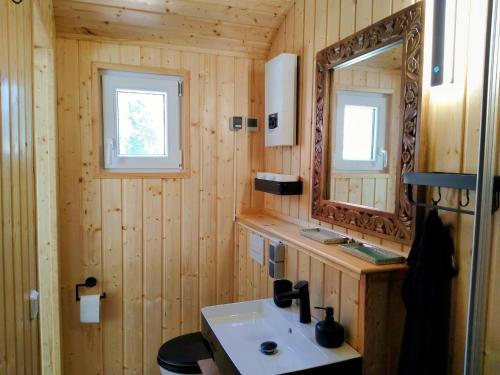 a bathroom with a sink and a mirror at Oriental Tiny House mit Sauna in Wendisch Rietz