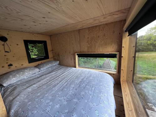 a bed in a wooden room with a window at Hop and hare farm in Hastings