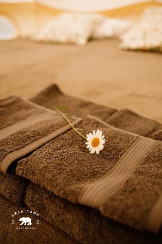 a flower sitting on top of a brown blanket at Ursa Camp in Gornje Lipovo
