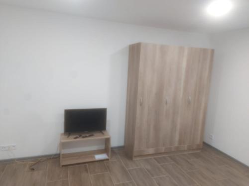 a room with a tv on a table and a cabinet at Ubytování Stračenská in Štětí